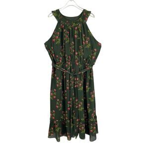 Point Sur High-Neck Ruffle Floral Midi Dress Dark Floral Ruffled Romantic Sz 16